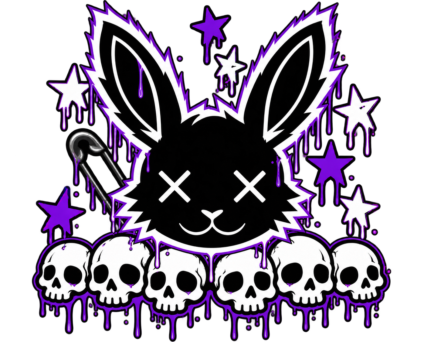 Dead Bunny mascot surrounded by purple dripping stars, skulls, and a safety pin